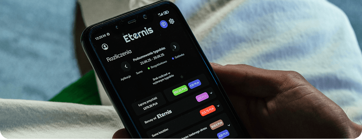 Aplikacja Eternis na telefonie — rozliczenia i wypłaty